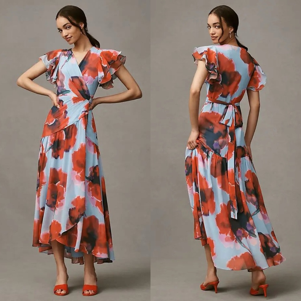 Anthropologie Hutch Zola Floral Flutter Sleeve Wrap Maxi Dress
